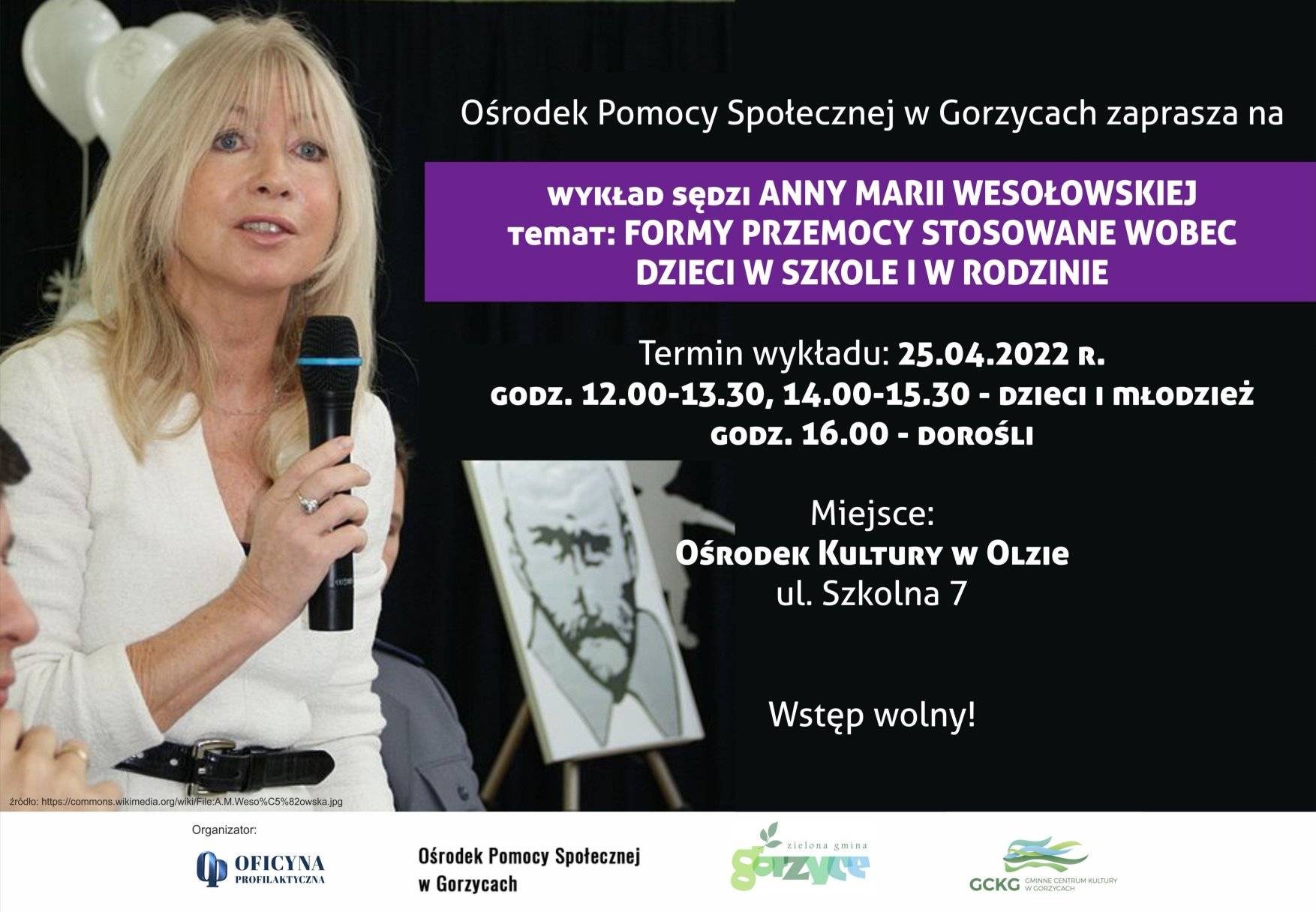 plakat zapraszający na spotkanie z sędzią Anną Marią Wesołowską 